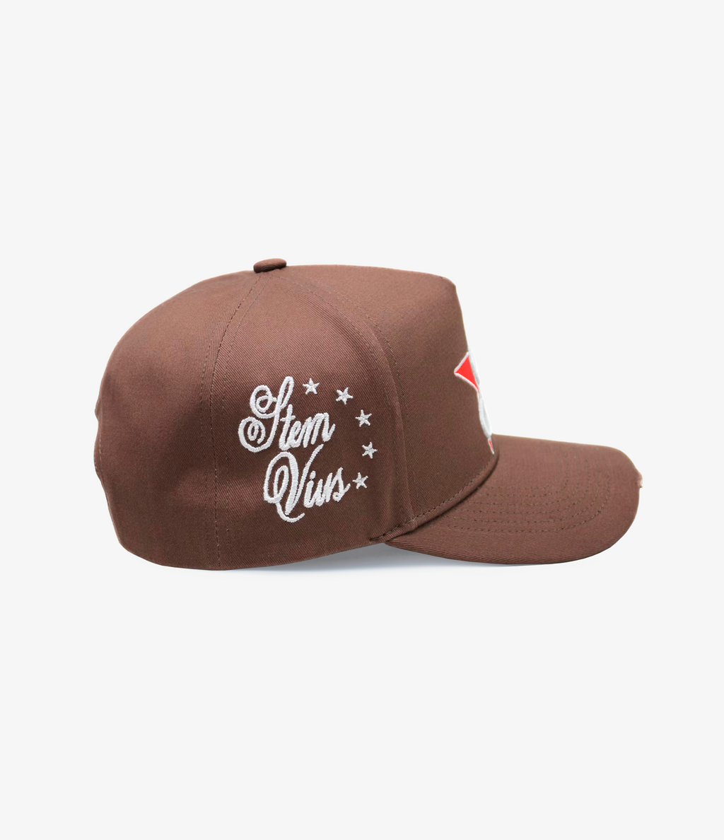 stemvius Patchwork Brown Cap left side view – 100% cotton drill distressed brim Barcelona