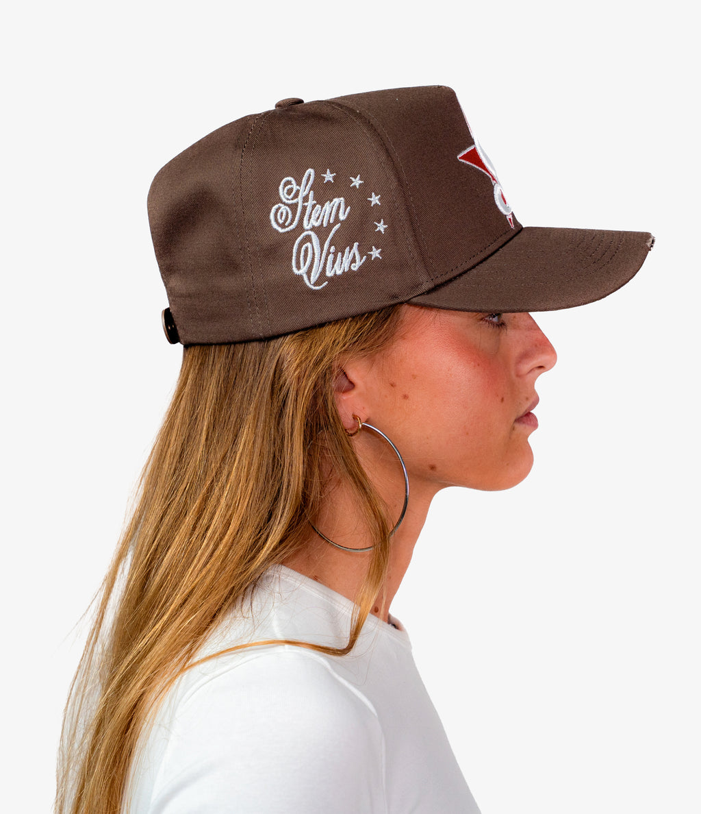 stemvius Patchwork Brown Cap worn by female model – streetwear headwear designed in Barcelona