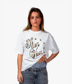 stemvius Hidden Stars T-Shirt worn by female model – oversized cropped streetwear Barcelona