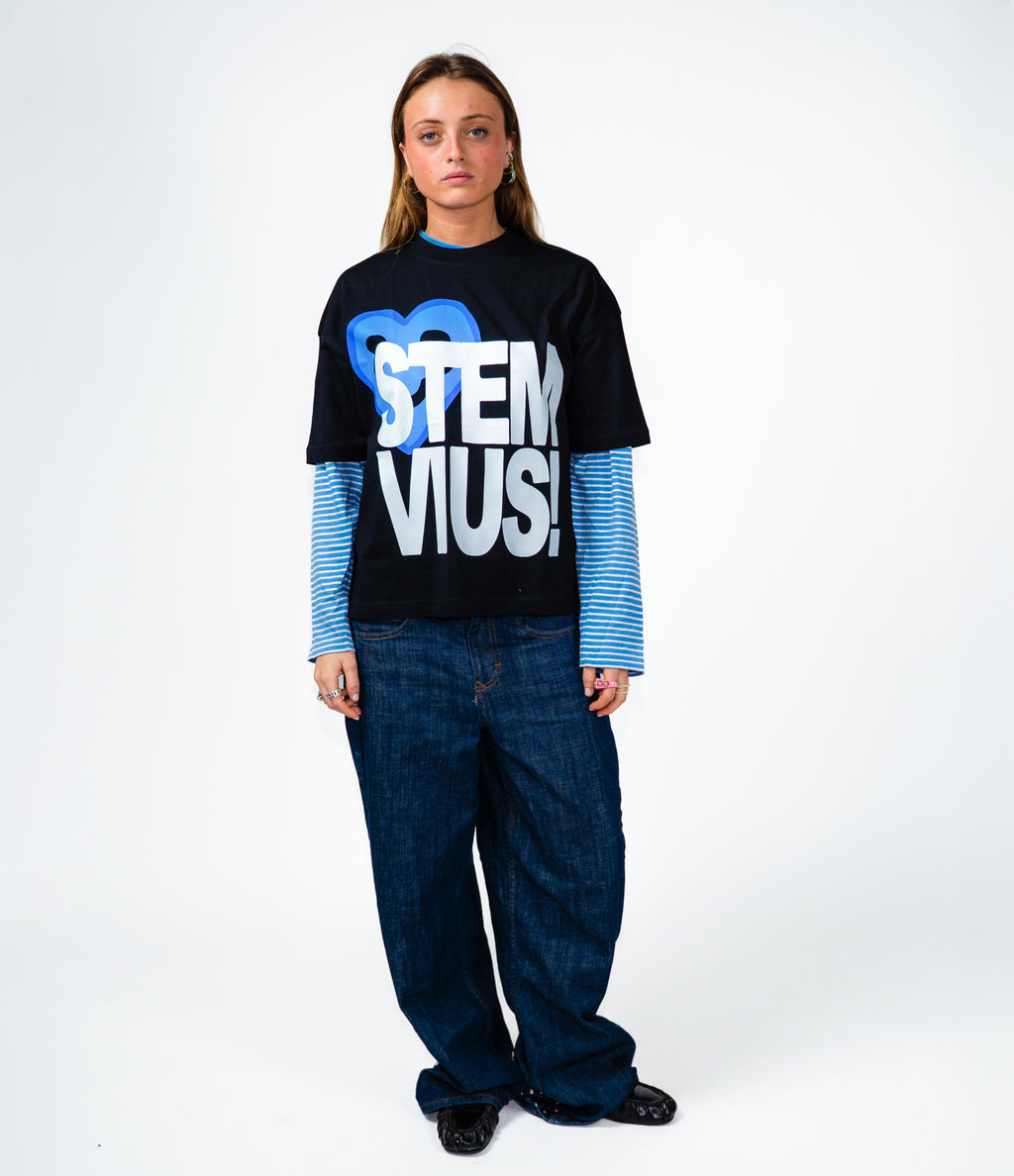 stemvius Blue Heart T-shirt male model full body – cropped fit 200 GSM heavyweight cotton