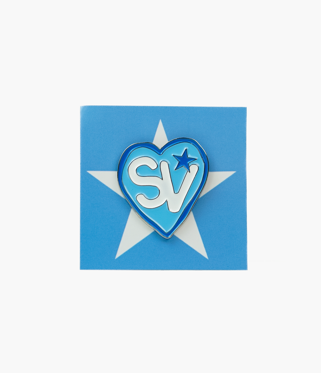 stemvius Blue Love Pin on packaging card front – collectible streetwear accessory Barcelona