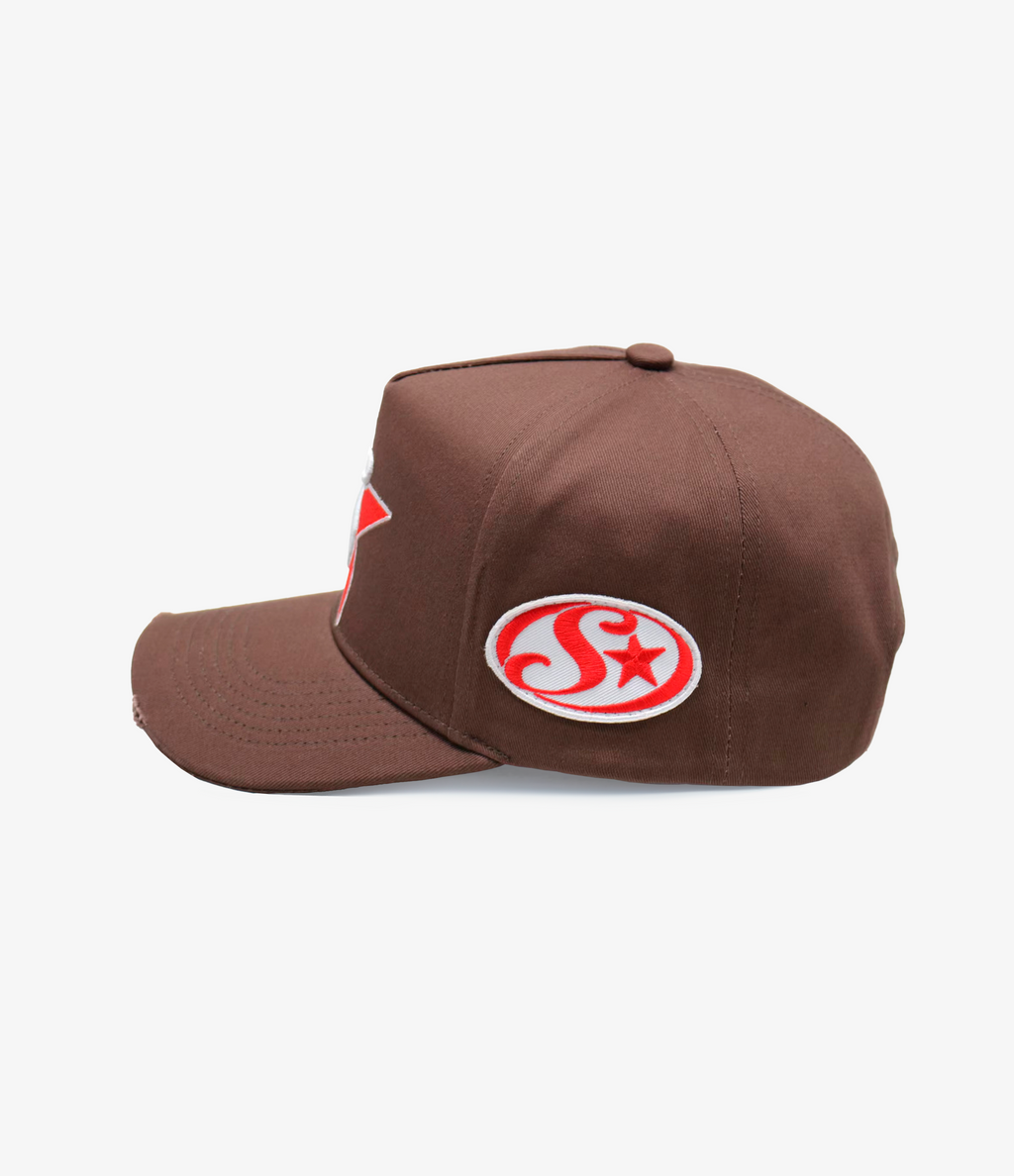 stemvius Patchwork Brown Cap right side – distressed brim detail 3D embroidery snapback